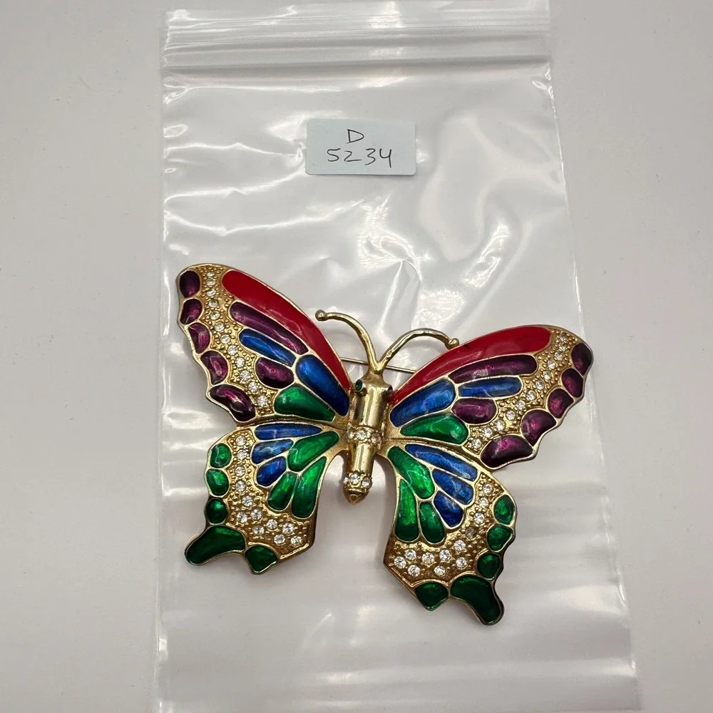 Vintage 90s Gold Tone Butterfly Brooch Enamel Glass Boho Jewelry